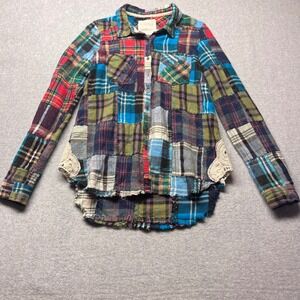 RARE Free People Patchwork LOST IN PLAID Flannel Crochet Lace Shirt Small